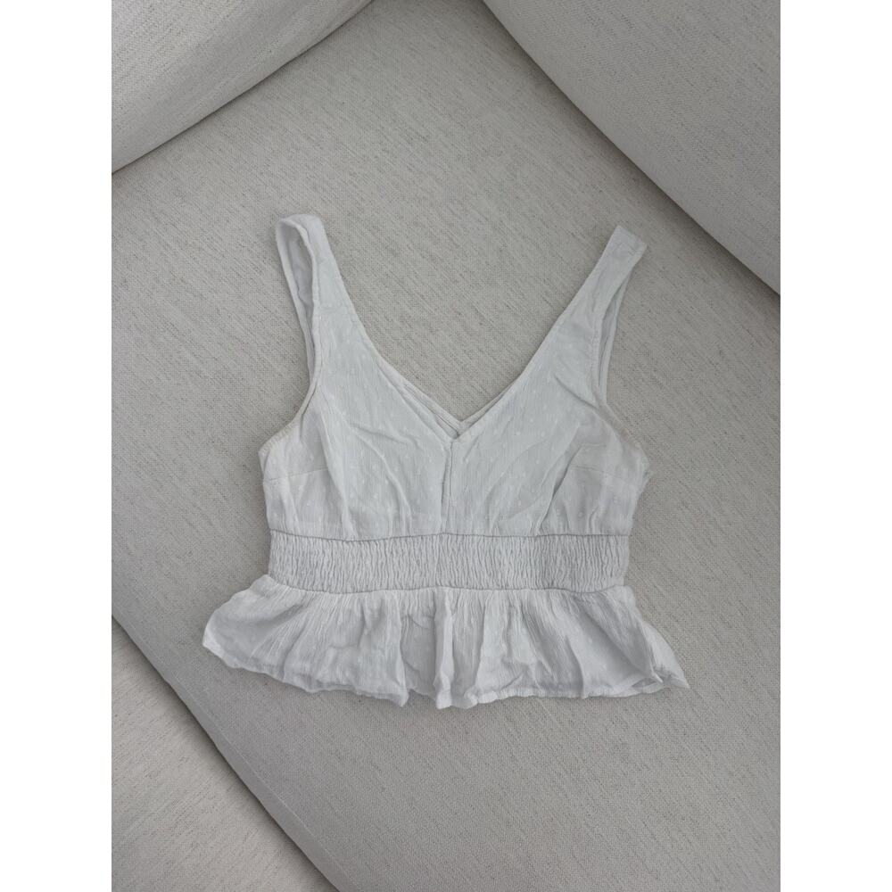 Hollister Womens Sz S White Crop Sleeveless Peplum V-Neck Swiss Dot Top Smocked